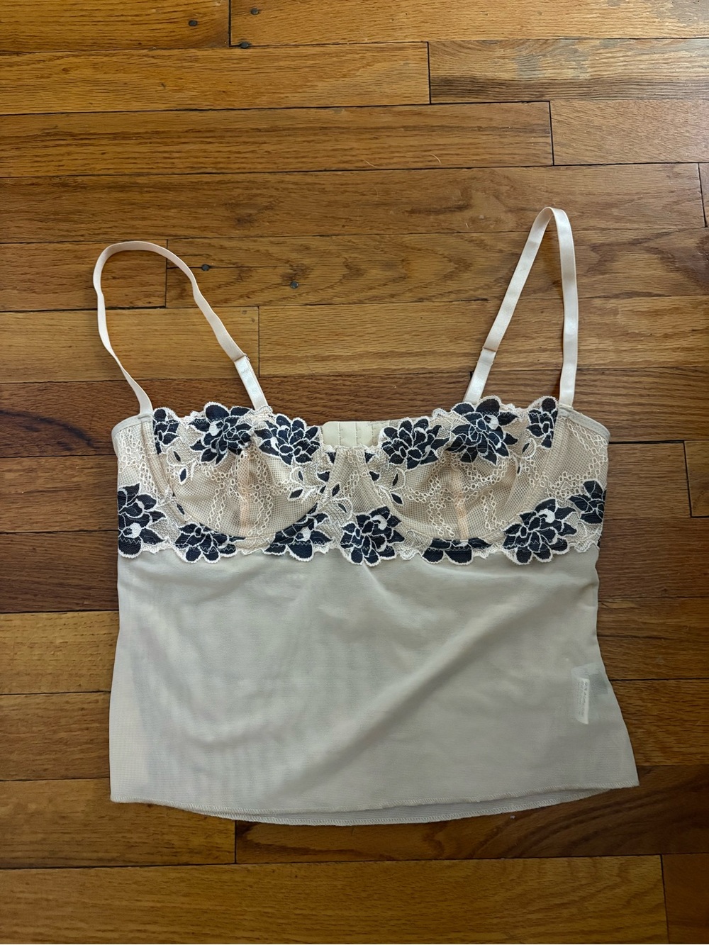 Lace Trim Cami Top in Nude with Blue Floral Embroidery